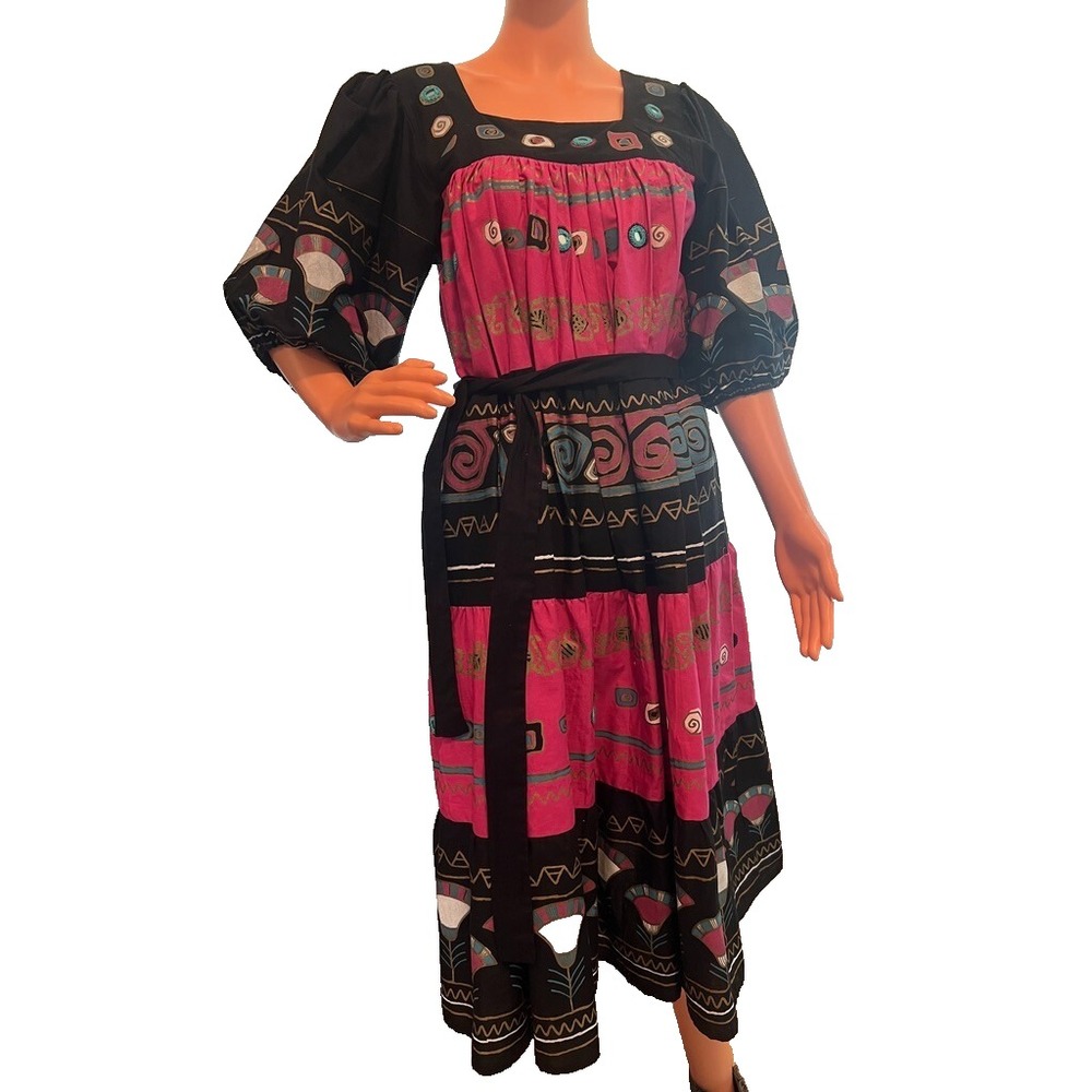 Vintage Ramona Rull Folk Art Festival Dress Pink‎ Black Cotton Size S/M (P)